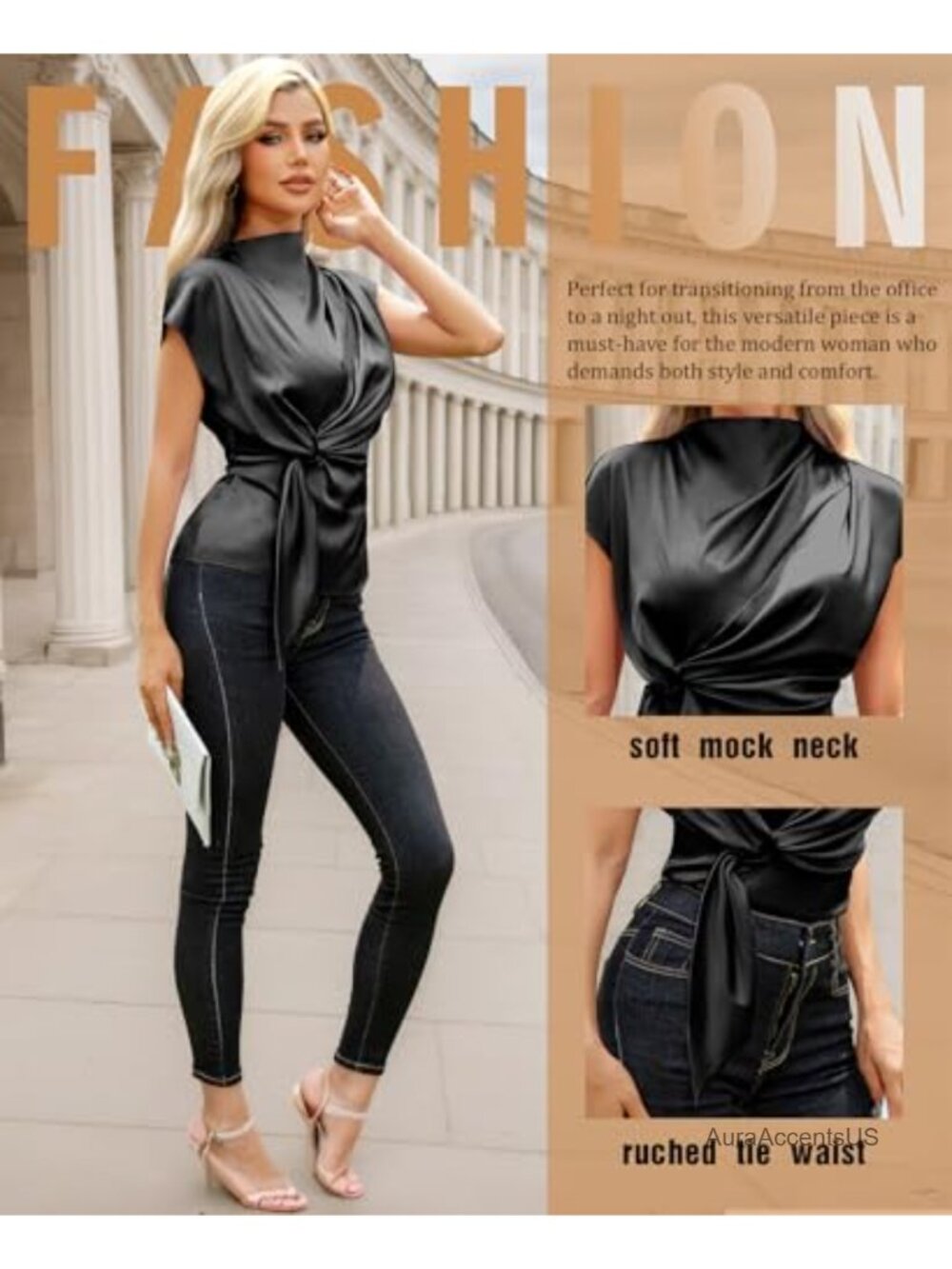 Silk Satin Ruched Tie Front Peplum Tunic Blouse Mock Neck Cap Sleeve Work Top - Picture 2 of 5